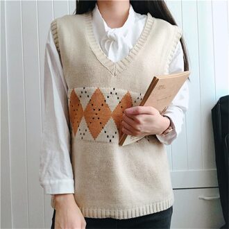 Vangull Vrouwen Trui Vest Herfst Koreaanse Stijl Vintage Geometrische Argyle V-hals Mouwloze Truien Gebreide Vrouw Truien abrikoos