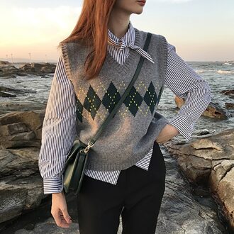 Vangull Vrouwen Trui Vest Herfst Koreaanse Stijl Vintage Geometrische Argyle V-hals Mouwloze Truien Gebreide Vrouw Truien grijs