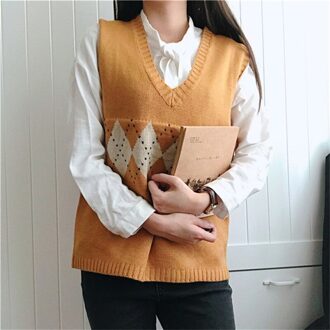 Vangull Vrouwen Trui Vest Herfst Koreaanse Stijl Vintage Geometrische Argyle V-hals Mouwloze Truien Gebreide Vrouw Truien khaki