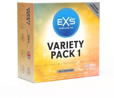 Variety Pack 1 - Assortiment 48 Condooms Zwart, Transparant - 53 (omtrek 11-11,5 cm), 56 (omtrek 11,5-12 cm)