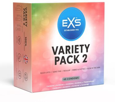 Variety Pack 2 - Assortimentsverpakking In 7 Varianten 48 condooms Zwart, Transparant - 53 (omtrek 11-11,5 cm), 56 (omtrek 11,5-12 cm)