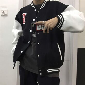Varsity Jacket Mannen Vrouwen Lente/Fall Koreaanse Brief Borduurwerk Stiksels Losse Fleece Baseball Uniform Preppy Stijl Hipster zwart / M