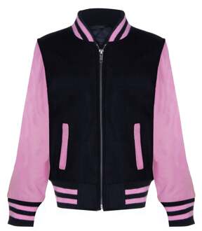 Varsity zwart en roze bomberjack voor kinderen met echt leren mouwen, 3-13 jaar - 6-7J / 116-122cm