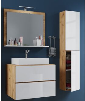 Vcm LendasL badkamer 60 cm, spiegel, honing eik decor,wit. Geel