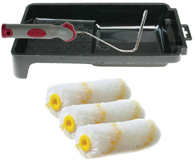 VEBA Verfrollers schilderen set - beugel en verfbak - 3x anti spat vacht verfrollers - 10 cm