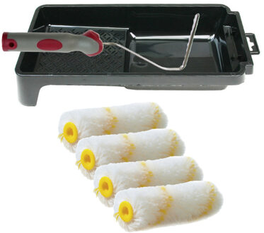 VEBA Verfrollers schilderen set - beugel en verfbak - 4x anti spat vacht verfrollers - 10 cm