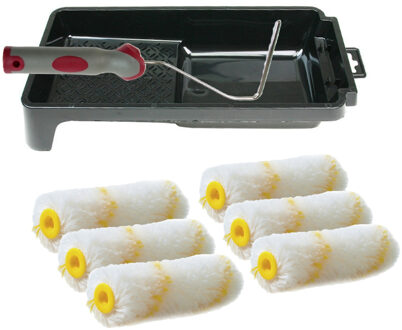 VEBA Verfrollers schilderen set - beugel en verfbak - 6x anti spat vacht verfrollers - 10 cm