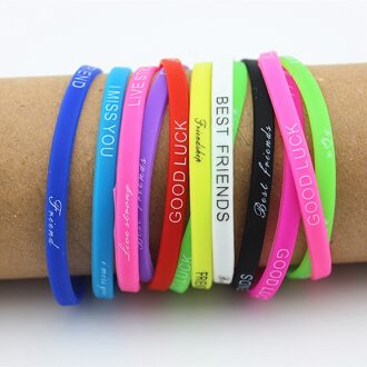 Veel 20pcs mix kleuren Letters Print siliconen Armband polsbandje 5mm Elastische Rubber Vriendschap Armbanden mannen vrouwen sieraden YB192 Solid kleur