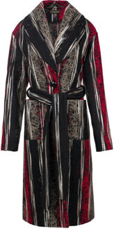 Veelkleurige lange wollen jacquardjas met ceintuur - maat Donkergrijs