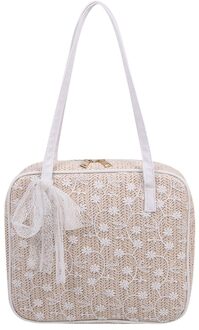 Veelzijdige Vrouwen Kant Bloem Patroon Onderarm Pouch Alle-Match Lady Straw Geweven Schouder Oksel Handtas Daily Geweven Handtas wit