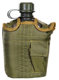 Veldfles drinkfles - kunststof - met legergroene hoes - Outdoor - 1000 ml - riembevestiging lus - Veldflessen