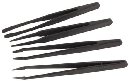 Velleman Set Van 4 Niet-geleidende Pincetten, Voor Veilig Precisiewerk, Zwart