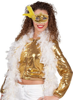 Venetiaans oogmasker in het goud - Met dikke veren Boa in het wit/goud - 180 cm - Dames