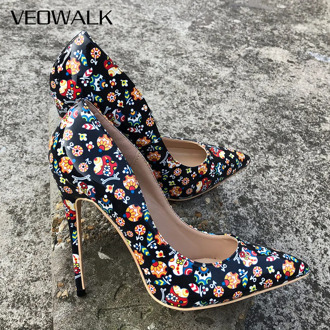 Veowalk 2018 Black Graffiti Colorful Women Pumps Sexy Women High Heels Wedding Party Women Shoes Stilettos Accept Customized
