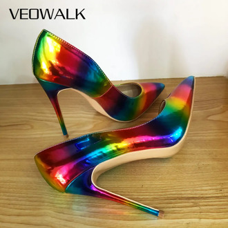 Veowalk Artsy Glossy Colorful Print Women Pointed Toe High Heels Ladies Slip On Stilettos Pumps Sexy Night Club Thin Heel Shoes
