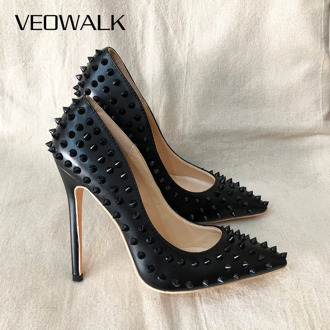 Veowalk Black Matte Women Full Punk Rivets Pointed Toe High Heels Sexy Ladies Spikes Stilettos Pumps Woman Club Party Shoes