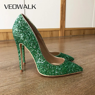 Veowalk Bling Bling Green Women Sexy Stiletto High Heels Sexy Ladies Pointy Toe Pumps Thin Heel Shiny Gem Party Wedding Shoes