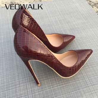 Veowalk Burgundy Plaid Croc-Effect Embossed Women Stilettos Pointed Toe Slip On Sexy Pumps Chic Ladies Dress Shoes