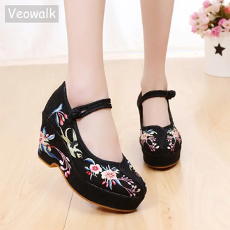 Veowalk Flowers Embroidered Women Cotton Fabric Chunky High Heels Ankle Strap Ladies Casual Comfort Canvas Embroidery Pump Shoes