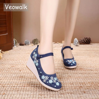 Veowalk Retro Embroidery Women Canvas Wedge Platforms Shoes Comfortable Ladies Ankle Strap High Heels Chinese Casual Pumps