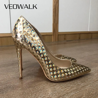 Veowalk Shiny Gold Croc-Effect Women Sexy Stilettos High Heels Bling Bling Pointy Toe Party Shoes Ladies Club Pumps
