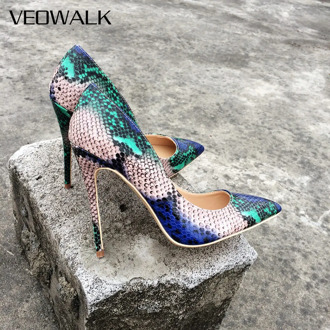 Veowalk Snake Printed Leather Women Sexy High Heels 12/10/8cm Stiletto Fashion Pointed Toe Slip on Pumps Party Shoes for Woman