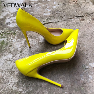 Veowalk Solid Color Women Yellow Patent Leather Stiletto High Heels Elegnat Ladies Pointed Toe Pumps Fashion Wedding Party Shoes