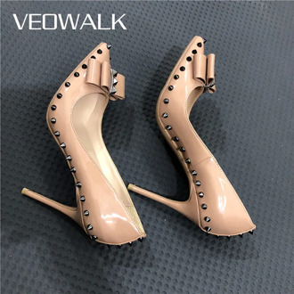 Veowalk Spikes Bow Knot Women Beige Stilettos High Heels Elegant Ladies Formal Dress Shoes Pointed Toe Slip On Rivets Pumps