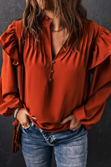 Verbrande Oranje Lange Mouw V-hals Ruffle Blouse Bruin