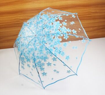 Verdikking Transparante Drievoudige Regen Paraplu Japanse Kersenbloesem Plastic Pvc Clear Falbala Paraplu Vrouwen Parapluie Blauw