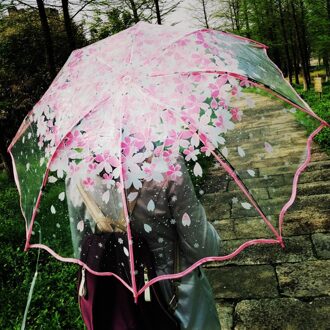 Verdikking Transparante Drievoudige Regen Paraplu Japanse Kersenbloesem Plastic Pvc Clear Falbala Paraplu Vrouwen Parapluie Roze