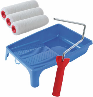 Verfroller lakroller schilderset - met beugel - en verfbak - voor rollers van 18 cm - met 3x rollers