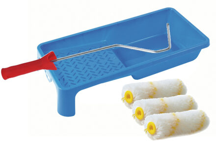 Verfrollers schilderen set - beugel en verfbak - 3x anti spat vacht verfrollers - 10 cm
