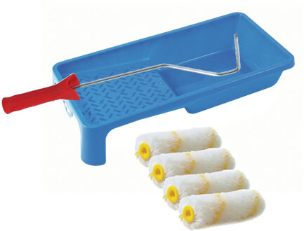 Verfrollers schilderen set - beugel en verfbak - 4x anti spat vacht verfrollers - 10 cm