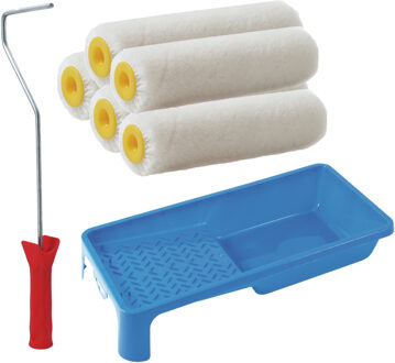 Verfrollers schilderen set - beugel en verfbak - 5x anti spat vacht verfrollers - 10 cm