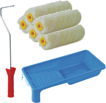 Verfrollers schilderen set - beugel en verfbak - 5x anti spat vacht verfrollers - 10 cm