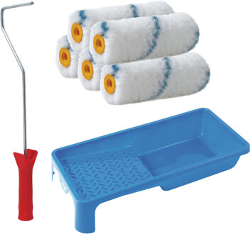 Verfrollers schilderen set - beugel en verfbak - 5x anti spat vacht verfrollers - 10 cm
