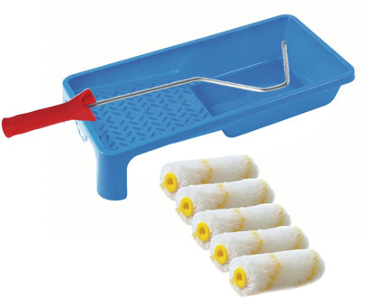 Verfrollers schilderen set - beugel en verfbak - 5x anti spat vacht verfrollers - 10 cm