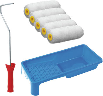 Verfrollers schilderen set - beugel en verfbak - 5x vacht verfrollers - 10 cm
