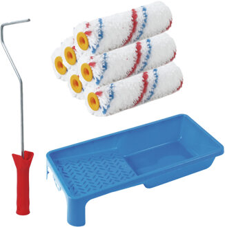 Verfrollers schilderen set - beugel en verfbak - 6x anti spat vacht verfrollers - 10 cm