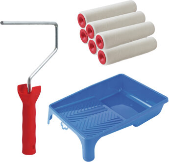 Verfrollers schilderen set - met beugel en verfbak - 6x rollers van 18 cm - anti spat rollers