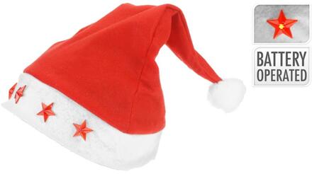 Verhaak kerstmuts met sterverlichting polyester rood/wit