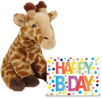 Verjaardag cadeau giraffe 23 cm met XL Happy Birthday wenskaart - Knuffeldier Bruin