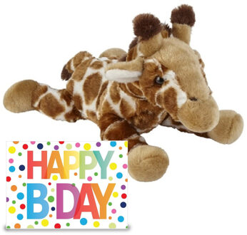 Verjaardag cadeau giraffe 25 cm met XL Happy Birthday wenskaart - Knuffeldier Bruin