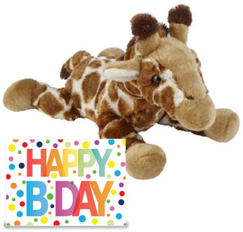 Verjaardag cadeau giraffe 25 cm met XL Happy Birthday wenskaart