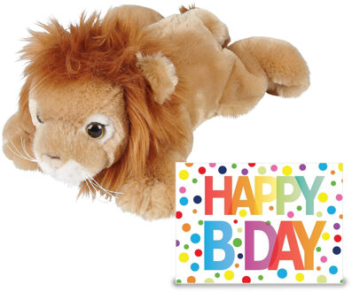 Verjaardag cadeau leeuw 25 cm met XL Happy Birthday wenskaart - Knuffeldier Bruin