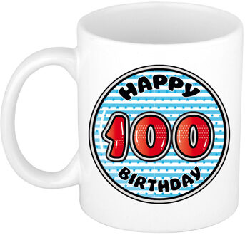 Verjaardag cadeau mok - 100 jaar - blauw - gestreept - 300 ml - keramiek - feest mokken Multikleur