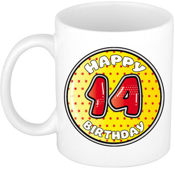 Verjaardag cadeau mok - 14 jaar - geel - sterretjes - 300 ml - keramiek - feest mokken