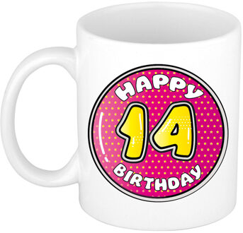 Verjaardag cadeau mok - 14 jaar - roze - 300 ml - keramiek - feest mokken