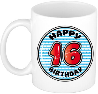 Verjaardag cadeau mok - 16 jaar - blauw - gestreept - 300 ml - keramiek - feest mokken Multikleur